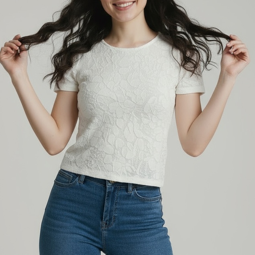 Forever 21 Floral Textured Top White Scrunch Sleeve S